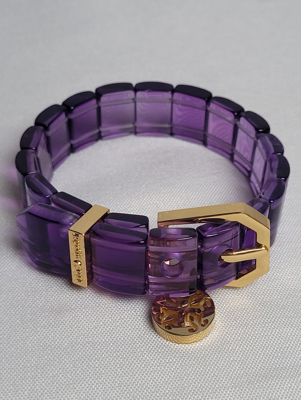 Rustic Cuff Charay Mini Aubergine Gold Tone Mock Belt Agate Stretch Bracelet